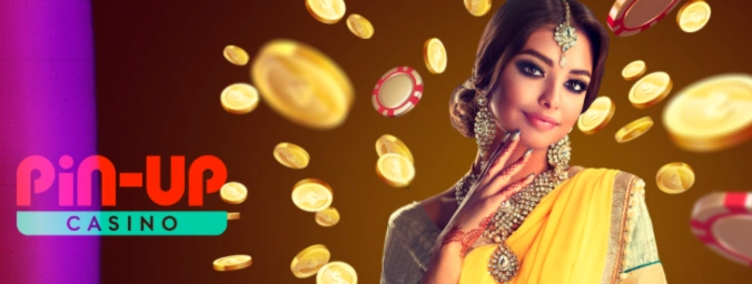 Indian woman enjoying Pin Up Casino India platform on laptop with vibrant background and glowing lights